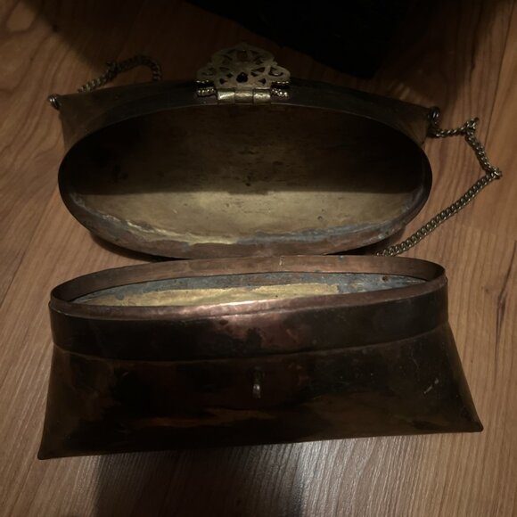 Vtg Brass Pillow Purse Square Copper Art Deco Handbag Chain Shoulder Strap Latch - Picture 6 of 15